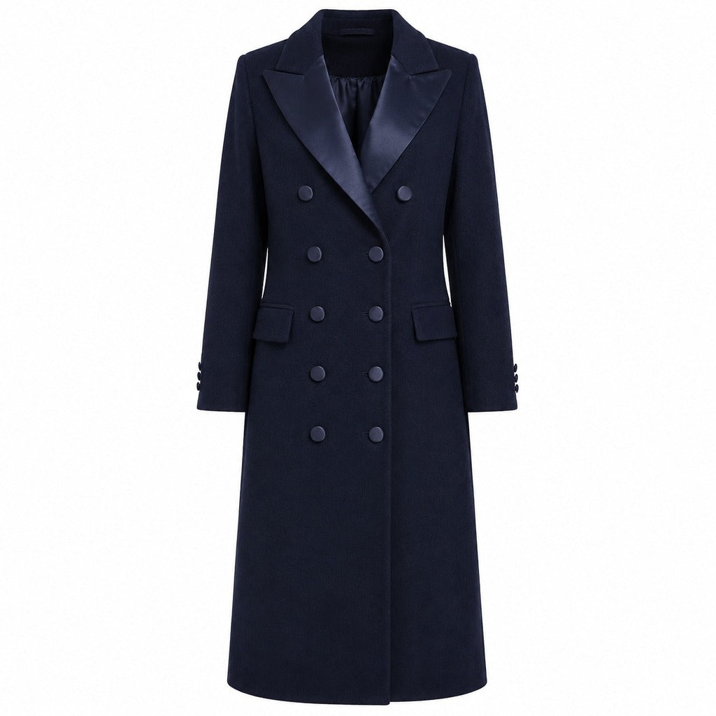 LORO PIANA－緞面翻領雙排扣長版純新羊毛大衣