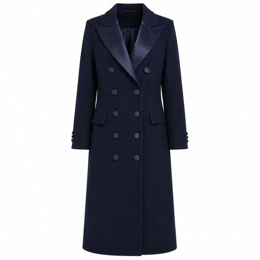 LORO PIANA－緞面翻領雙排扣長版純新羊毛大衣