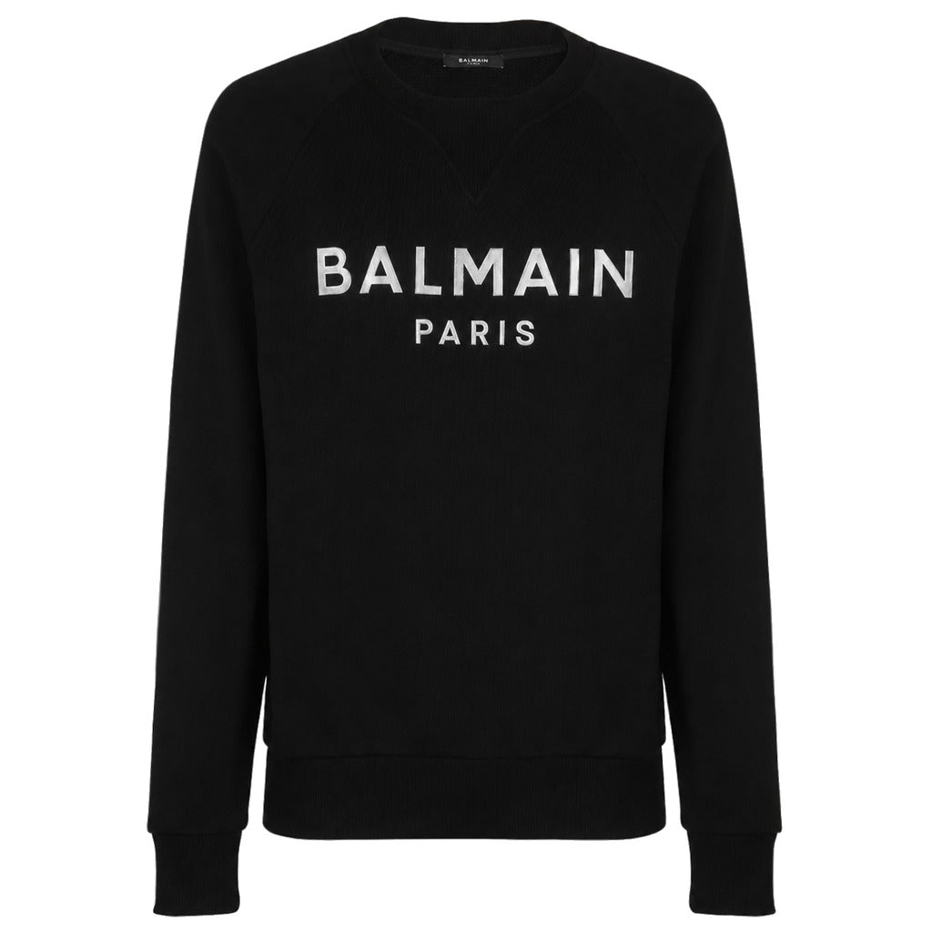 BALMAIN－黑色圓領銀標棉質長袖上衣