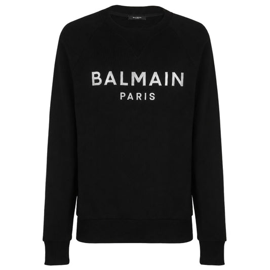 BALMAIN－黑色圓領銀標棉質長袖上衣
