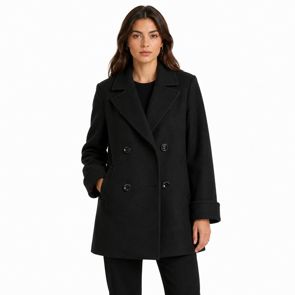 LORO PIANA－黑色雙排扣緞帶環腰帶中短版羊毛外套