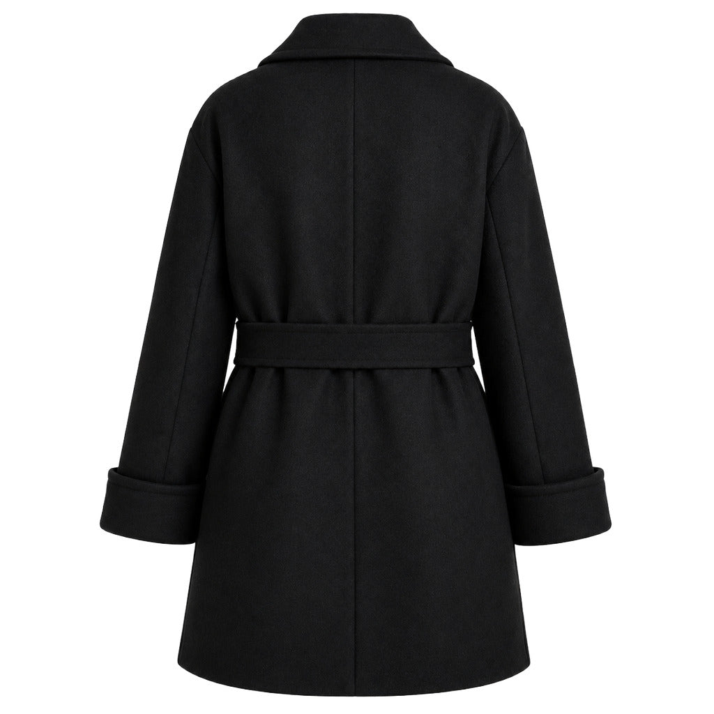 LORO PIANA－黑色雙排扣緞帶環腰帶中短版羊毛外套
