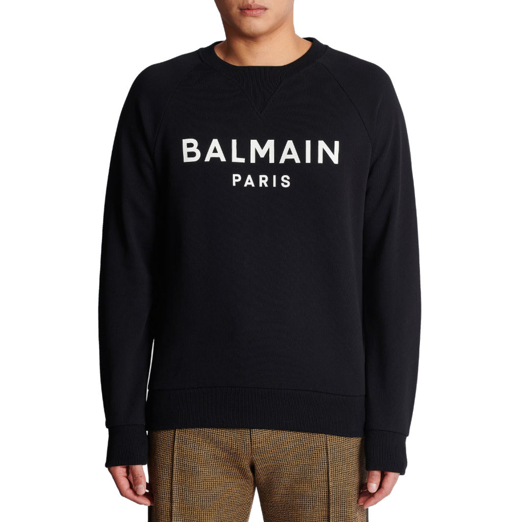 BALMAIN－黑色圓領銀標棉質長袖上衣
