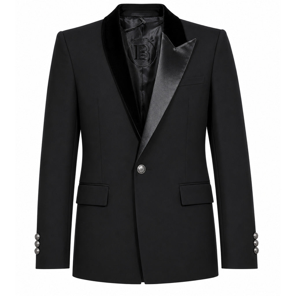BALMAIN－黑色絲絨翻領不對稱外套