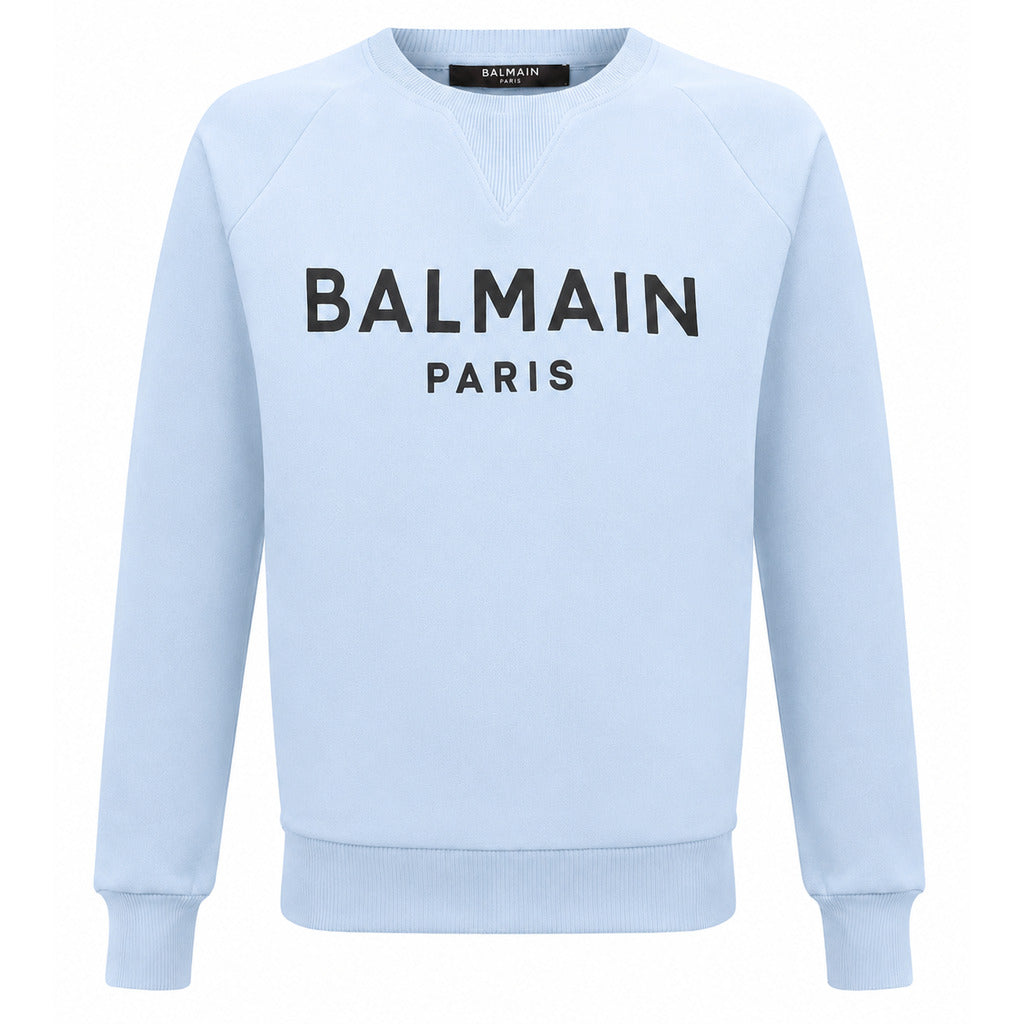 BALMAIN－淺藍色圓領品牌印花棉質長袖上衣