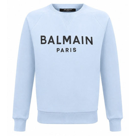 BALMAIN－淺藍色圓領品牌印花棉質長袖上衣