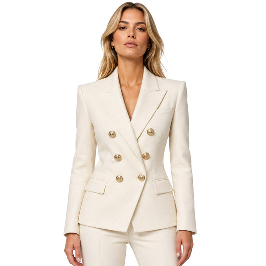 BALMAIN－白色黏膠纖維雙排扣西裝外套
