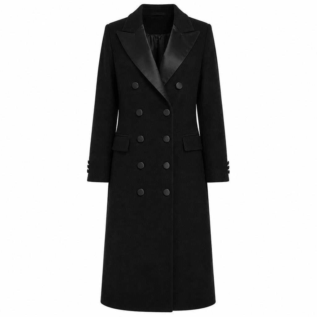 LORO PIANA－緞面翻領雙排扣長版純新羊毛大衣