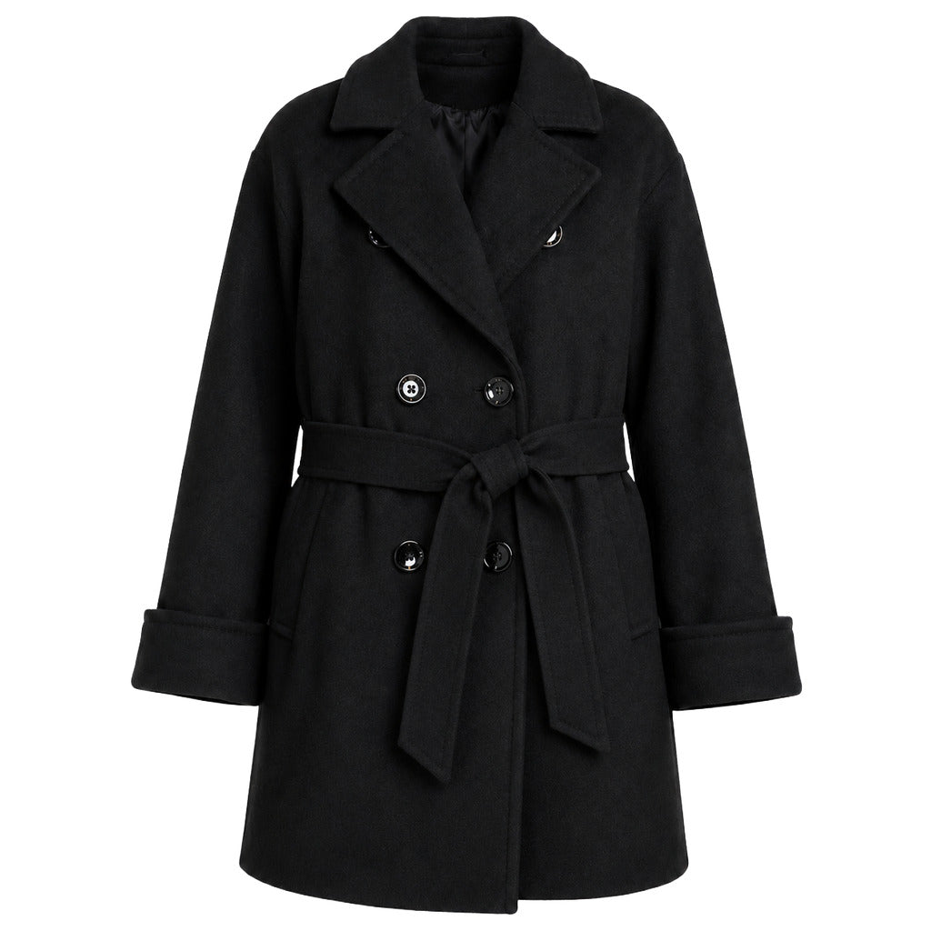 LORO PIANA－黑色雙排扣緞帶環腰帶中短版羊毛外套