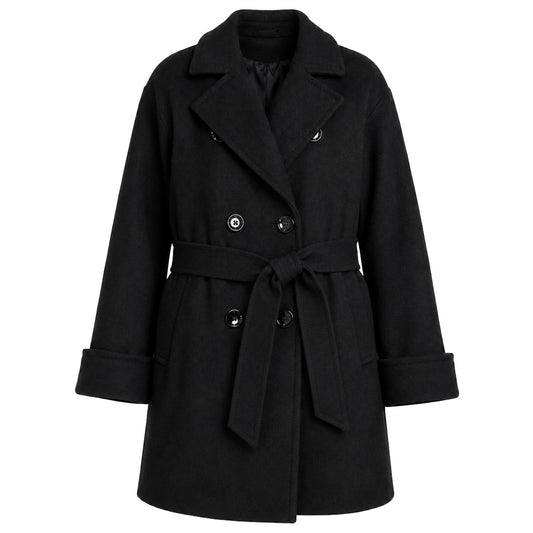 LORO PIANA－黑色雙排扣緞帶環腰帶中短版羊毛外套